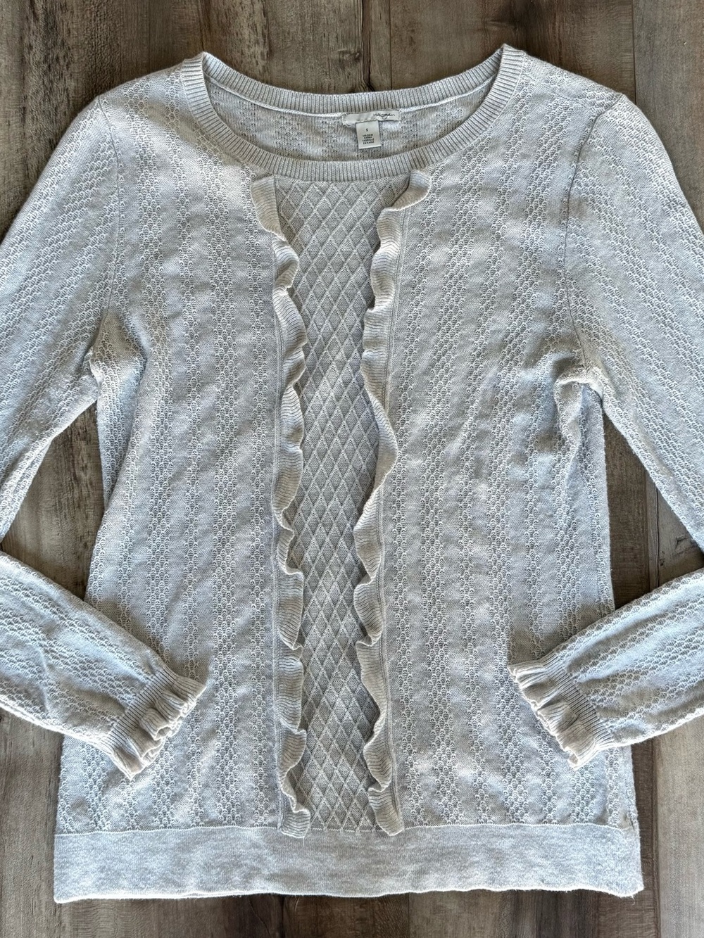 Coquette Pointelle Knit Top Gray Halogen Slim Fit Ruffle Trim Pullover Sweater S